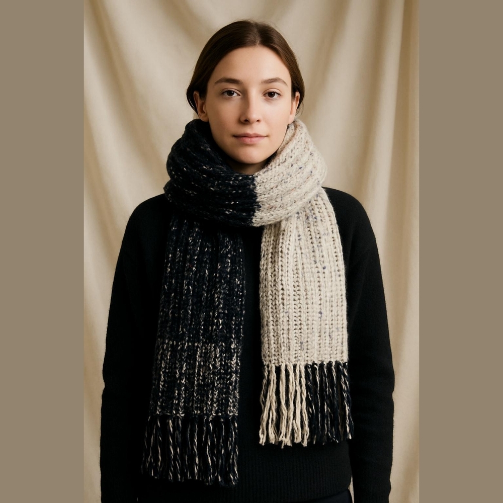 5/$25 Cozy oversized long knit scarf / beige and black / Madison 88